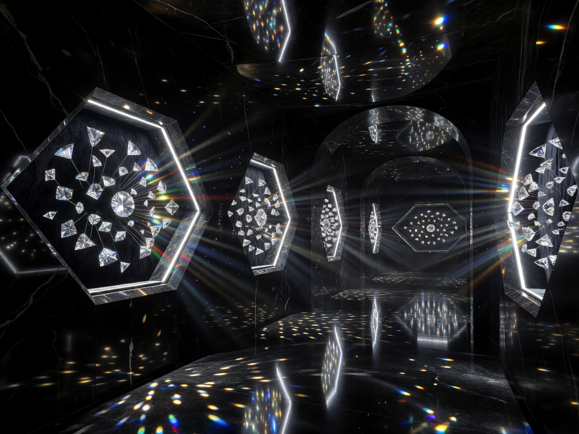 A cinematic luxury underground crystal vault with black polished stone walls and illuminated diamond display chambers