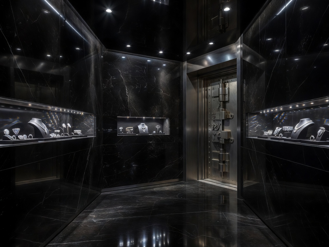 A private diamond salon inside a modern vault with black marble and subtle crystal displays