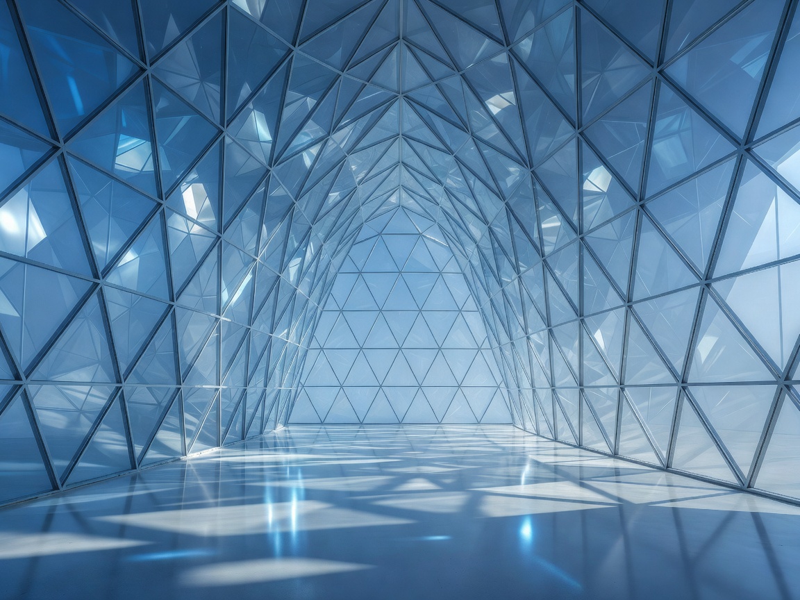 A refined prism gallery with faceted glass walls and cool blue reflections